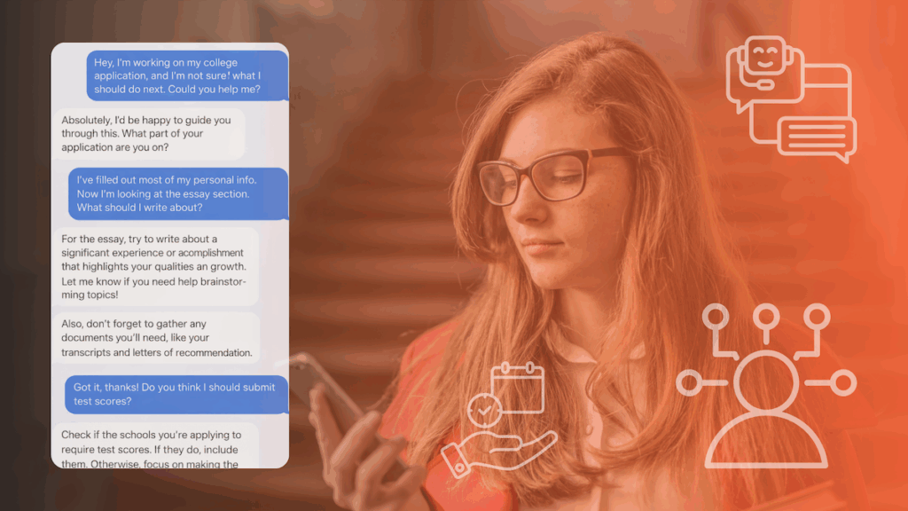blog banner image of a female student texting and and example of her conversation with an AI agent