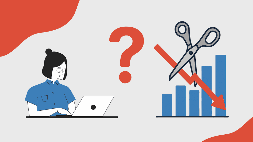 image of marketer on laptop, a question mark, and a graph with scissors cutting through