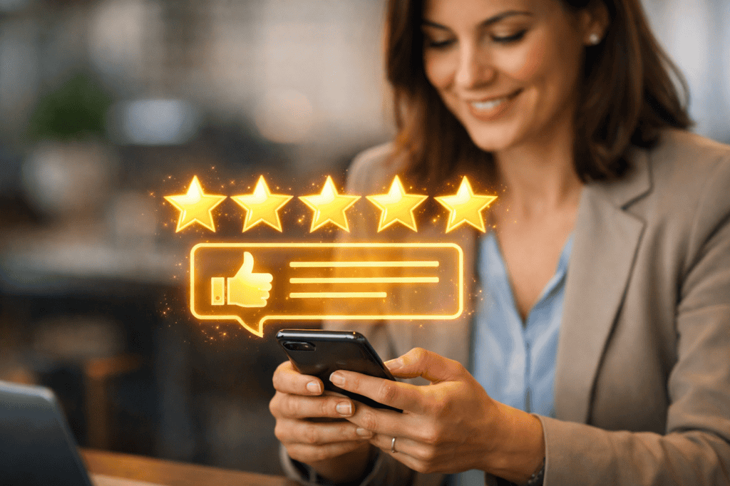 woman smiling at a 5-star review on her phone